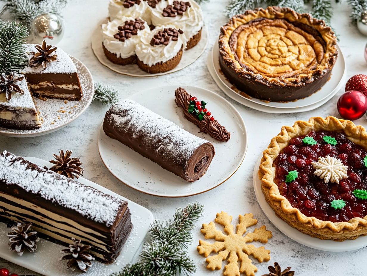 Delicious holiday desserts including pumpkin pie and peppermint bark.