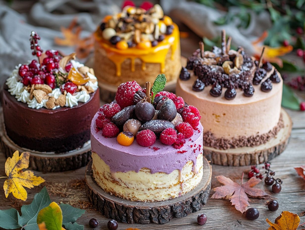 Festive vegan cakes decorated for Thanksgiving, showcasing seasonal flavors.