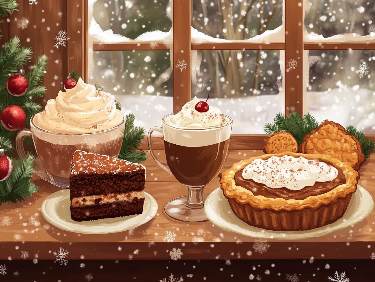 An assortment of creative twists on classic winter desserts, including chocolate fondue and festive cake.