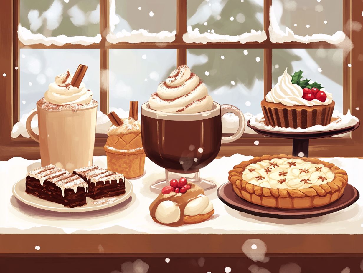 A collection of cozy winter desserts including hot chocolate and apple crisp.