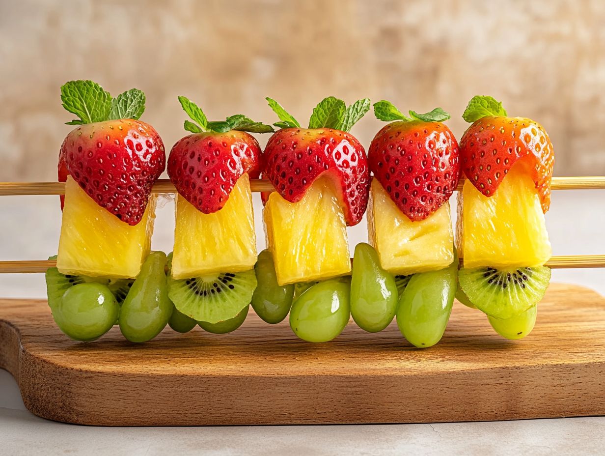 A variety of colorful fruit skewers displayed at a party