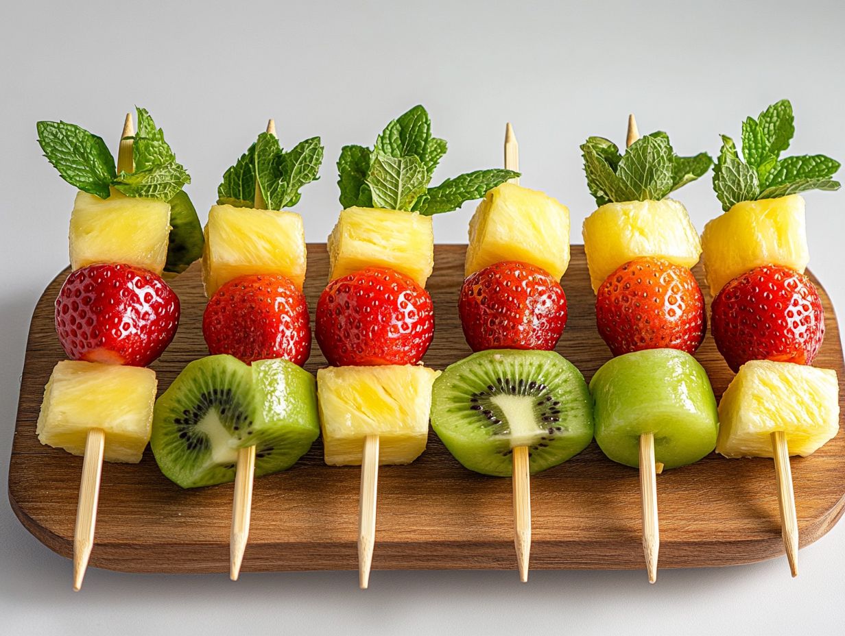 Colorful fruit skewers on display