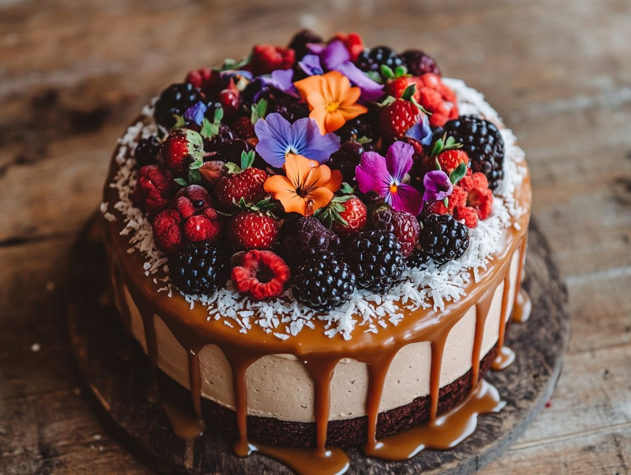 Delicious vegan cake topped with fresh fruits and creamy frosting.