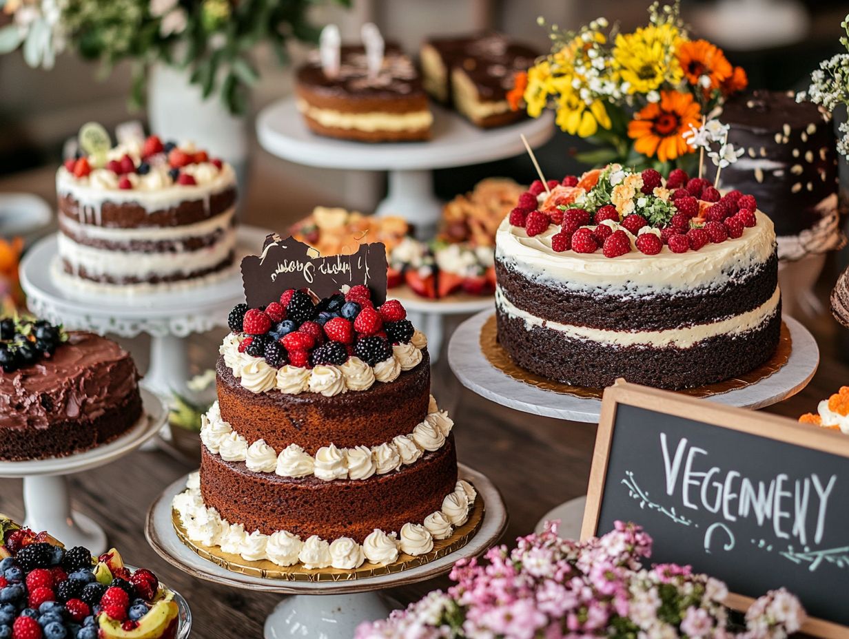 A variety of popular vegan cake flavors displayed on a table.