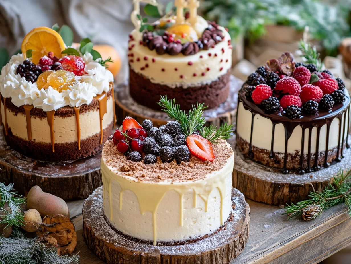 An array of vegan cakes suitable for gatherings, showcasing variety and creativity.