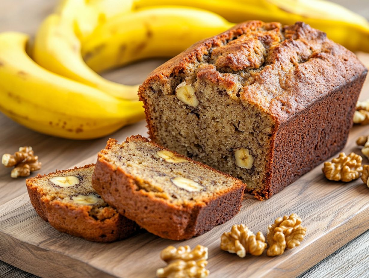 A slice of moist banana bread with ingredients displayed.