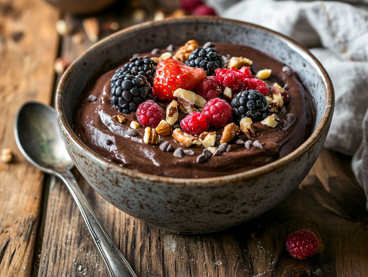 A variety of Chocolate Avocado Pudding options including Peanut Butter, Mint, and Raspberry flavors.