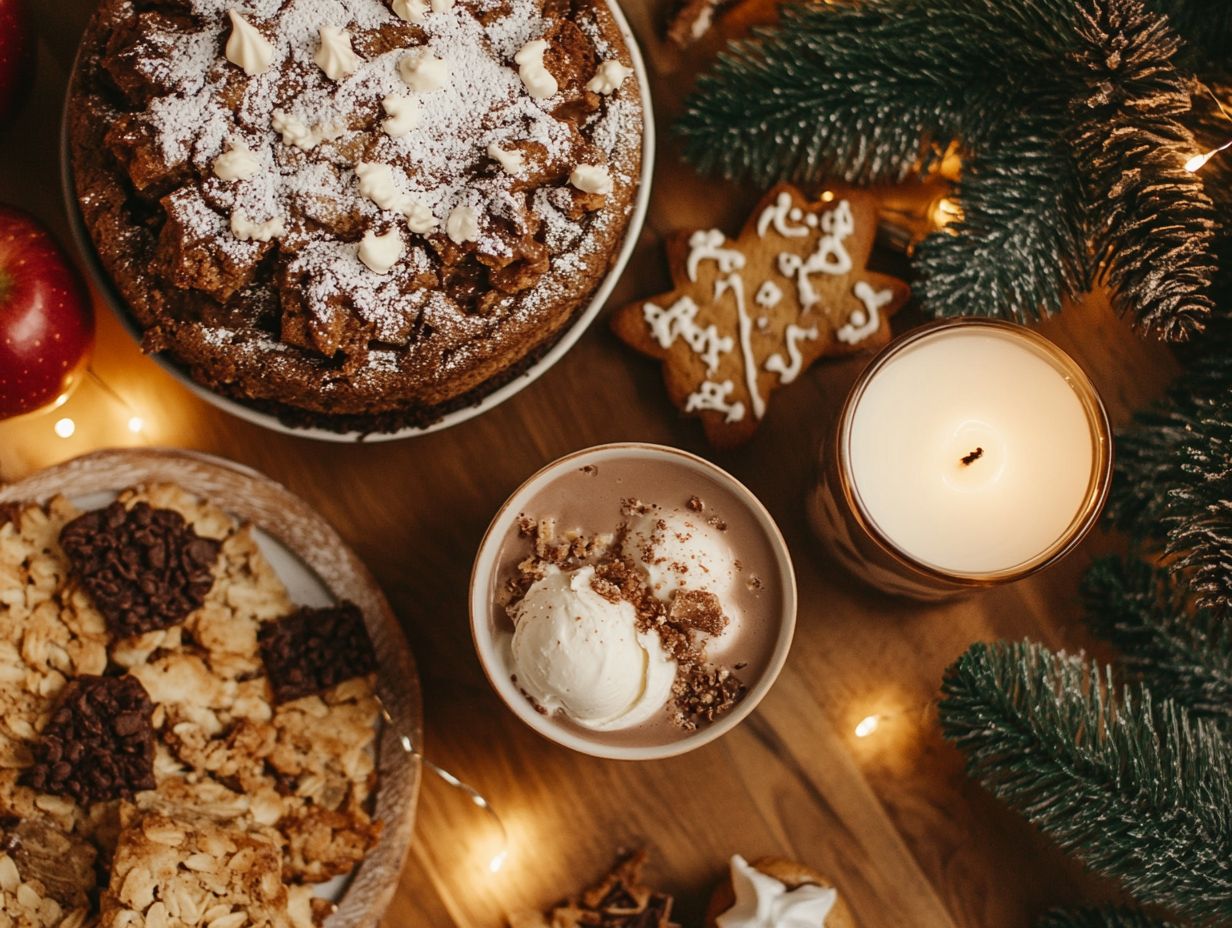 A variety of cozy winter desserts including apple crumble pie and hot chocolate brownies.