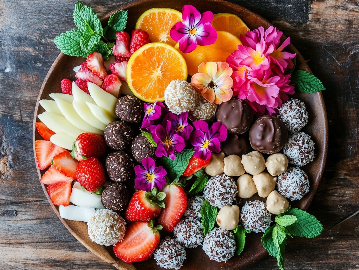 A vibrant raw dessert platter featuring fresh fruits and mini desserts