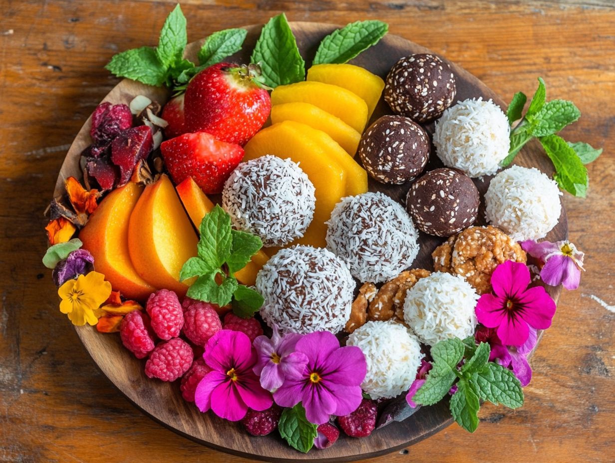 A beautifully arranged platter featuring coconut macaroons and other raw desserts.