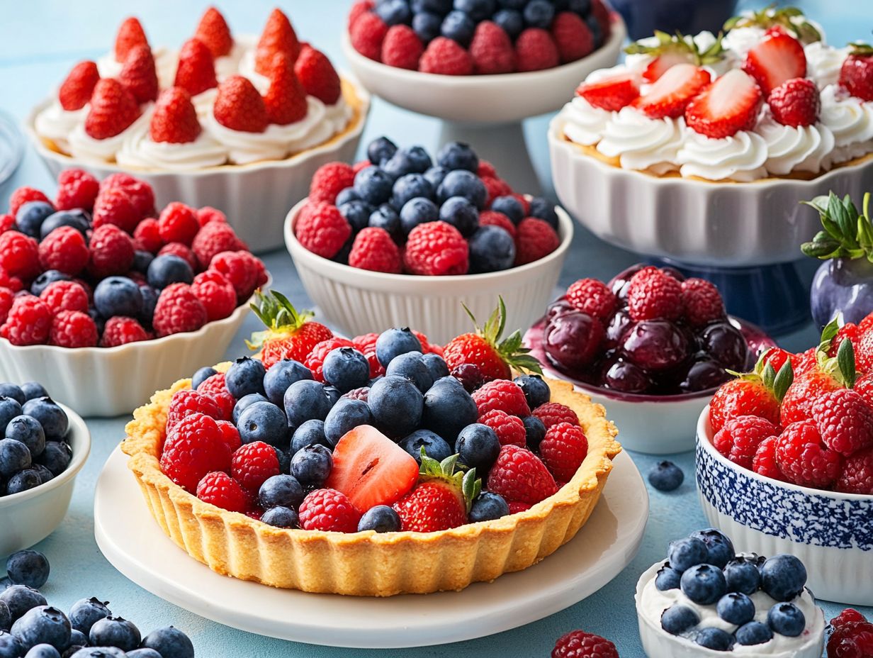 A variety of popular desserts made with seasonal berries, including tarts and cheesecakes.