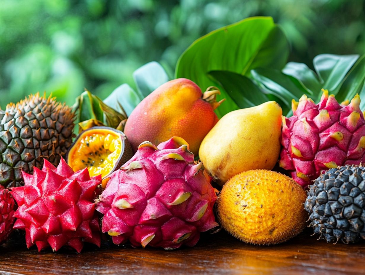 Colorful assortment of exotic fruits used in desserts