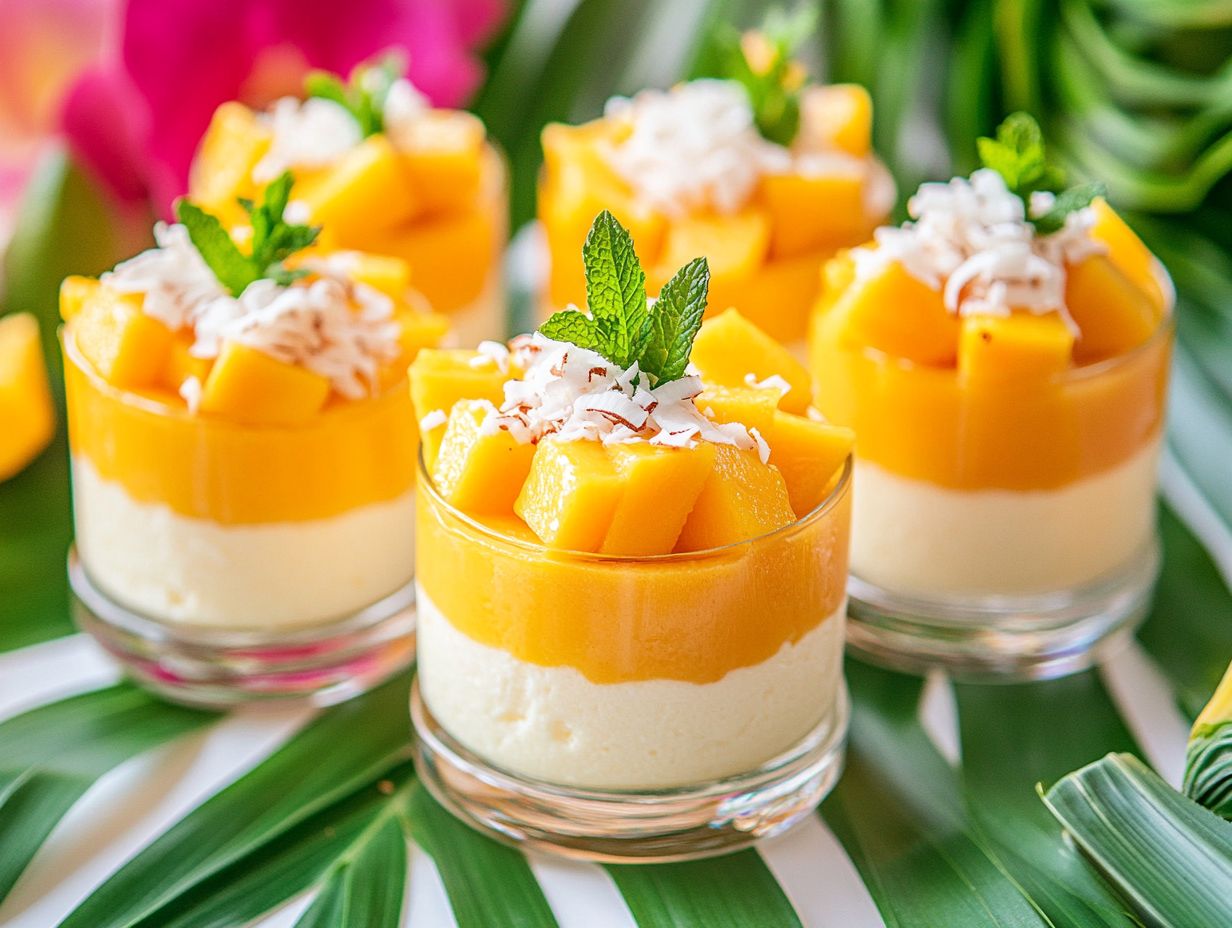 An array of tropical fruit desserts featuring Mango Sticky Rice and Pineapple Upside-Down Cake.