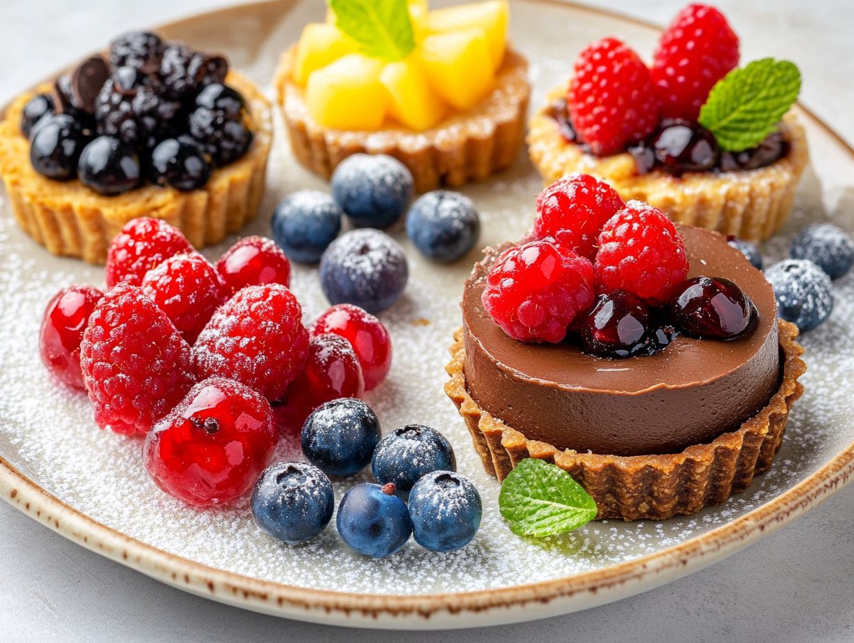 A variety of gluten-free desserts including fruit tarts and chocolate cake