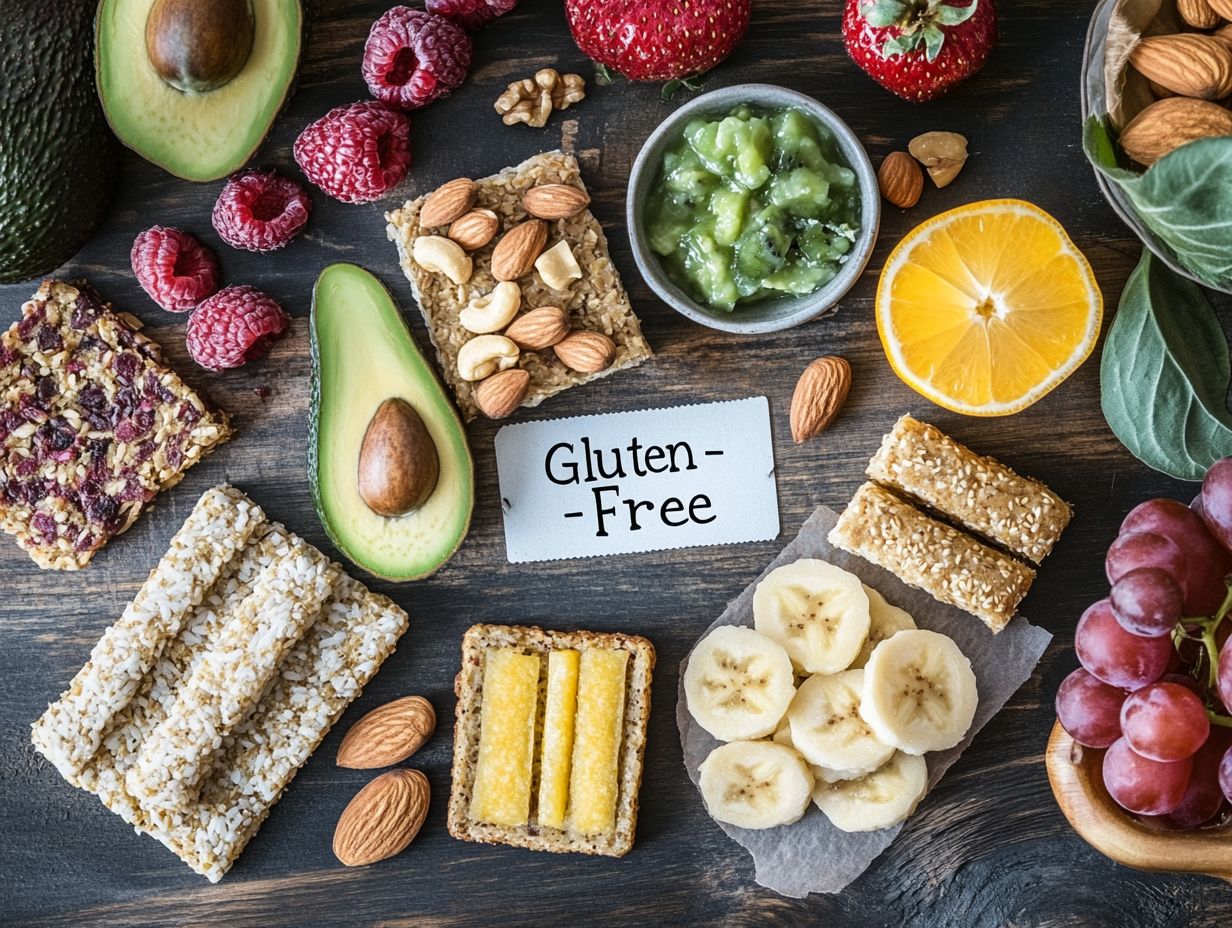 Healthy gluten-free snacks ingredients including nuts, seeds, and grains.