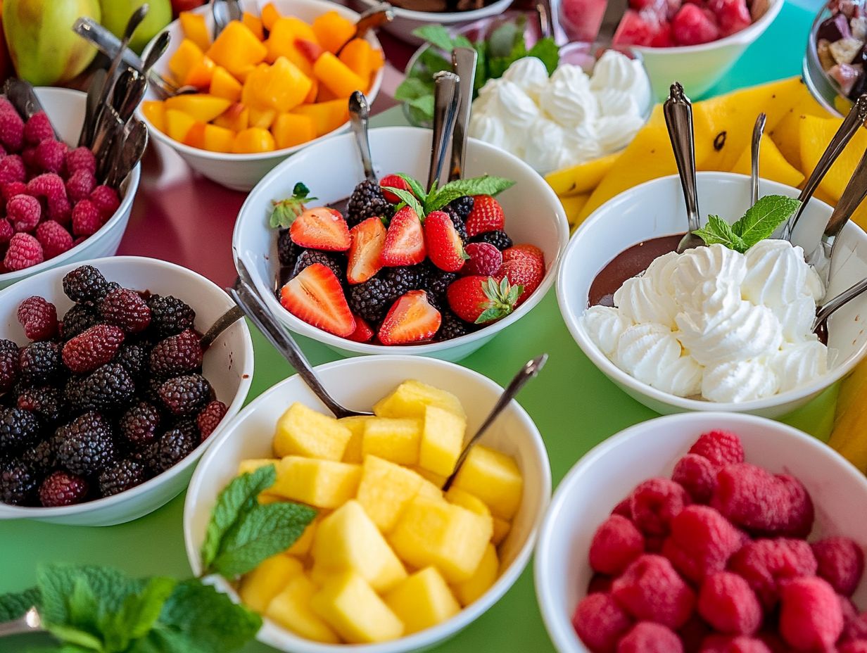 A variety of textures in a fruit dessert bar including creamy yogurt, crumbly toppings, and fresh fruits.