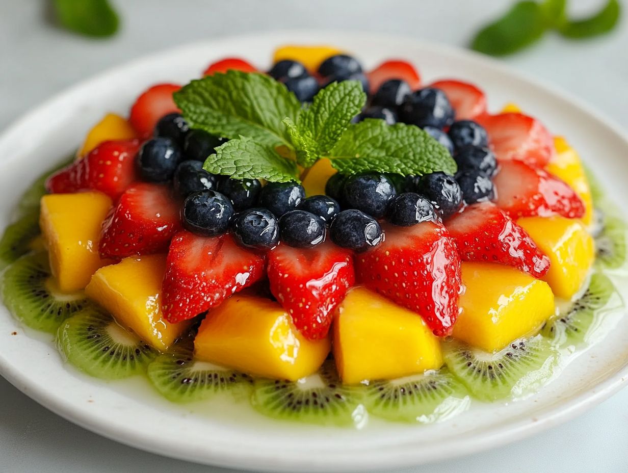 Pouring gelatin mixture over fruits in a Mosaic Dessert