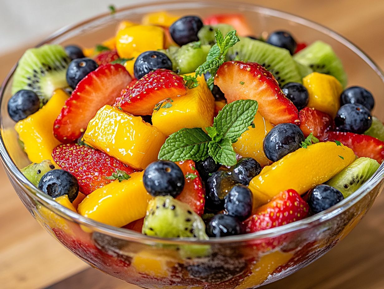 A colorful fruit salad displaying a variety of fruits