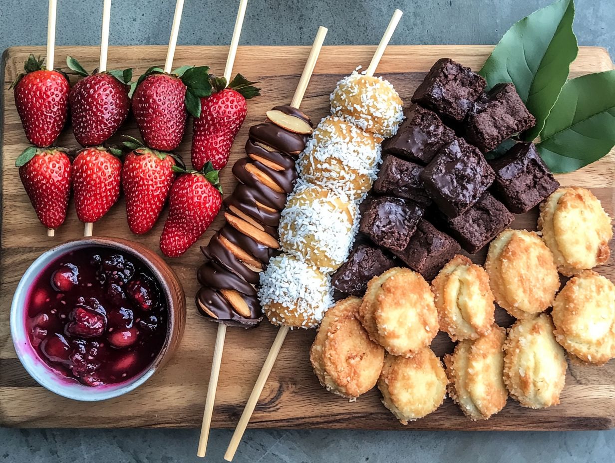 Colorful fruit skewers featuring strawberries, bananas, and kiwi arranged on a platter.