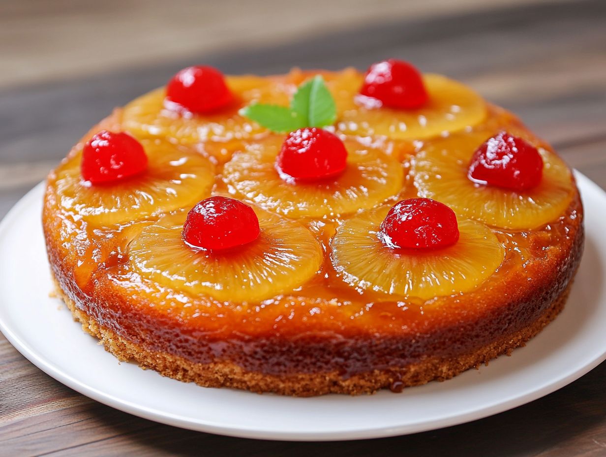 A delicious pineapple upside down cake with caramelized rings