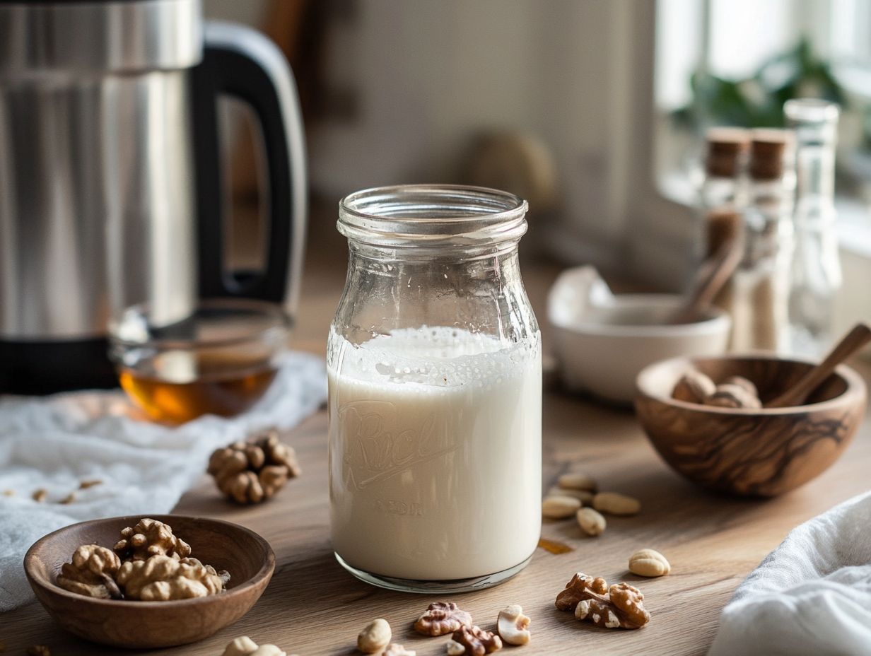 Delicious coconut sugar granules beside a jar, ideal for sweetening nut milk.