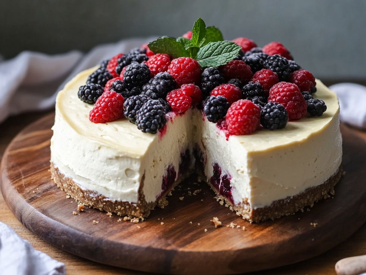 A visually appealing fruit-topped vegan cheesecake cake featuring seasonal berries and tropical fruits.