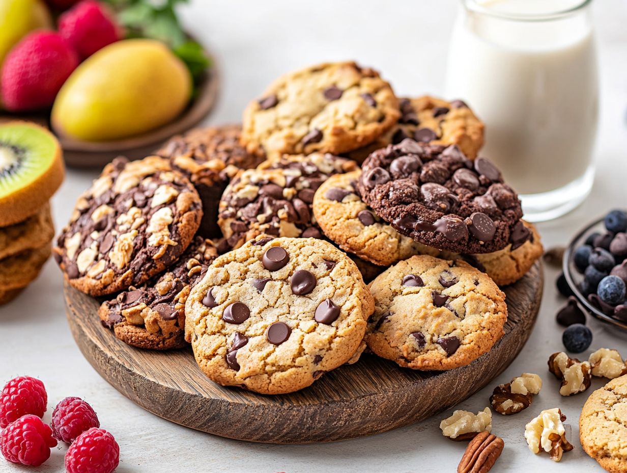 A variety of plant-based cookies on a baking sheet.