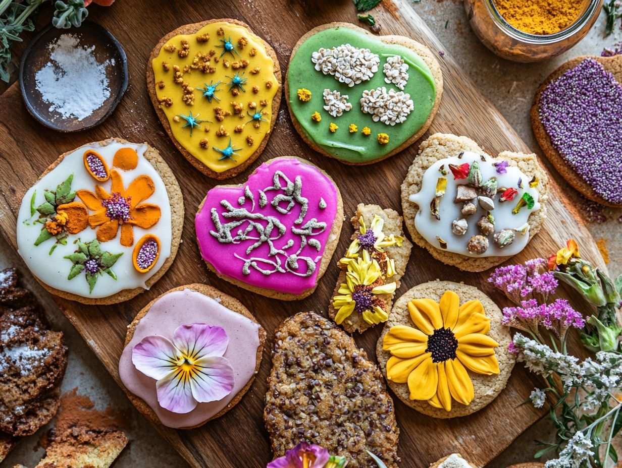 Beautifully decorated plant-based cookies featuring colorful edible flowers.