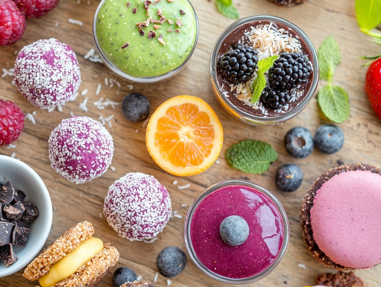 An assortment of colorful raw desserts made from natural ingredients.