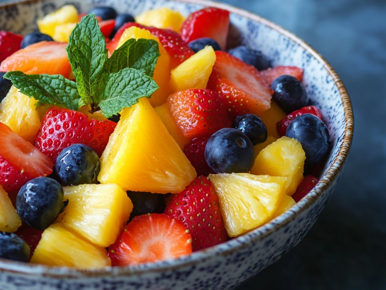 A colorful seasonal fruit salad featuring strawberries, blueberries, mangoes, and kiwis