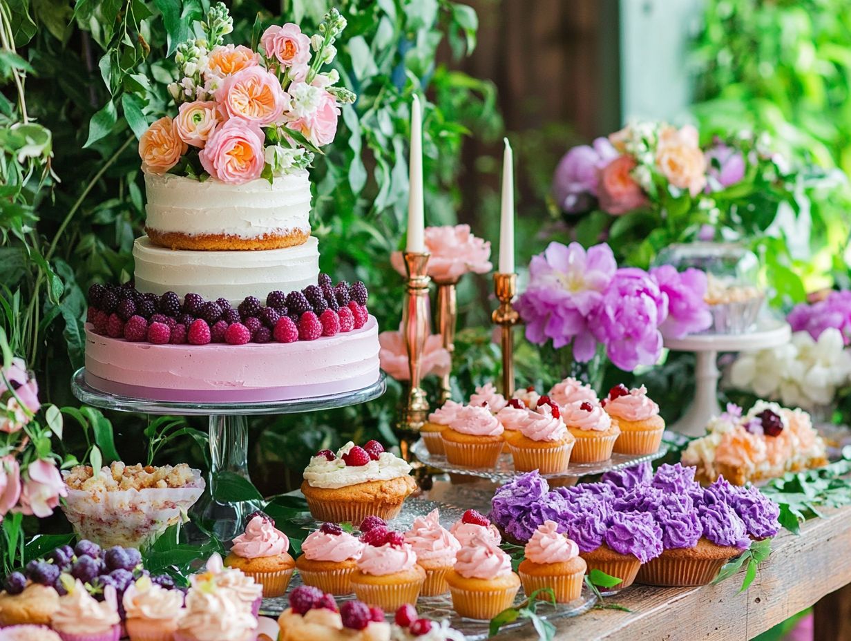 Image of various spring desserts including lavender lemon bars and panna cotta.