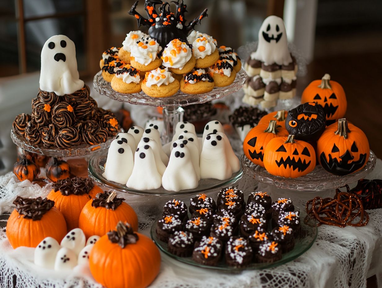 A variety of festive Halloween desserts including cupcakes and cookies.