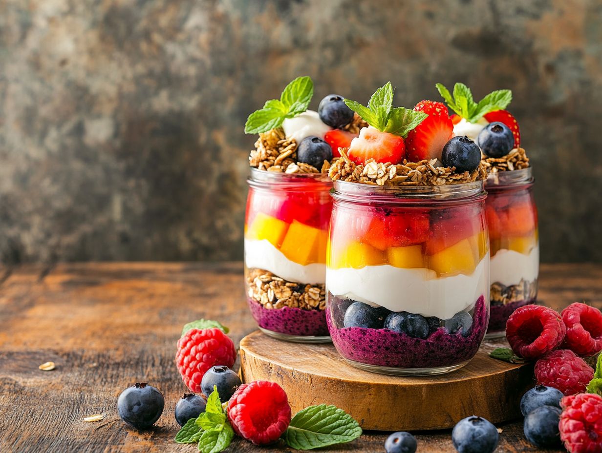 Colorful layered pudding with fruits and nuts.