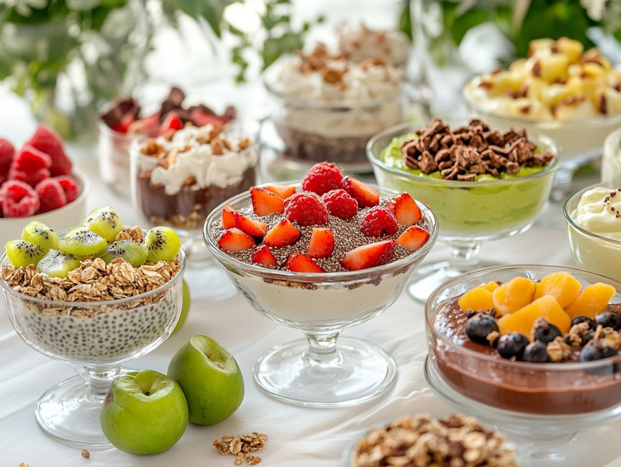 A variety of healthy pudding recipes displayed in bowls.