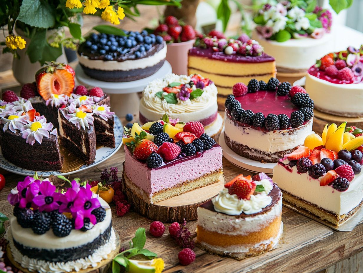 An array of popular vegan cakes from 2023, showcasing various flavors and styles.