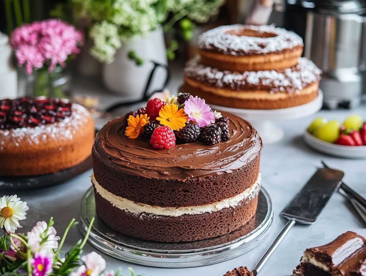 A beautifully decorated vegan cake showcasing techniques for moisture and fluffiness.