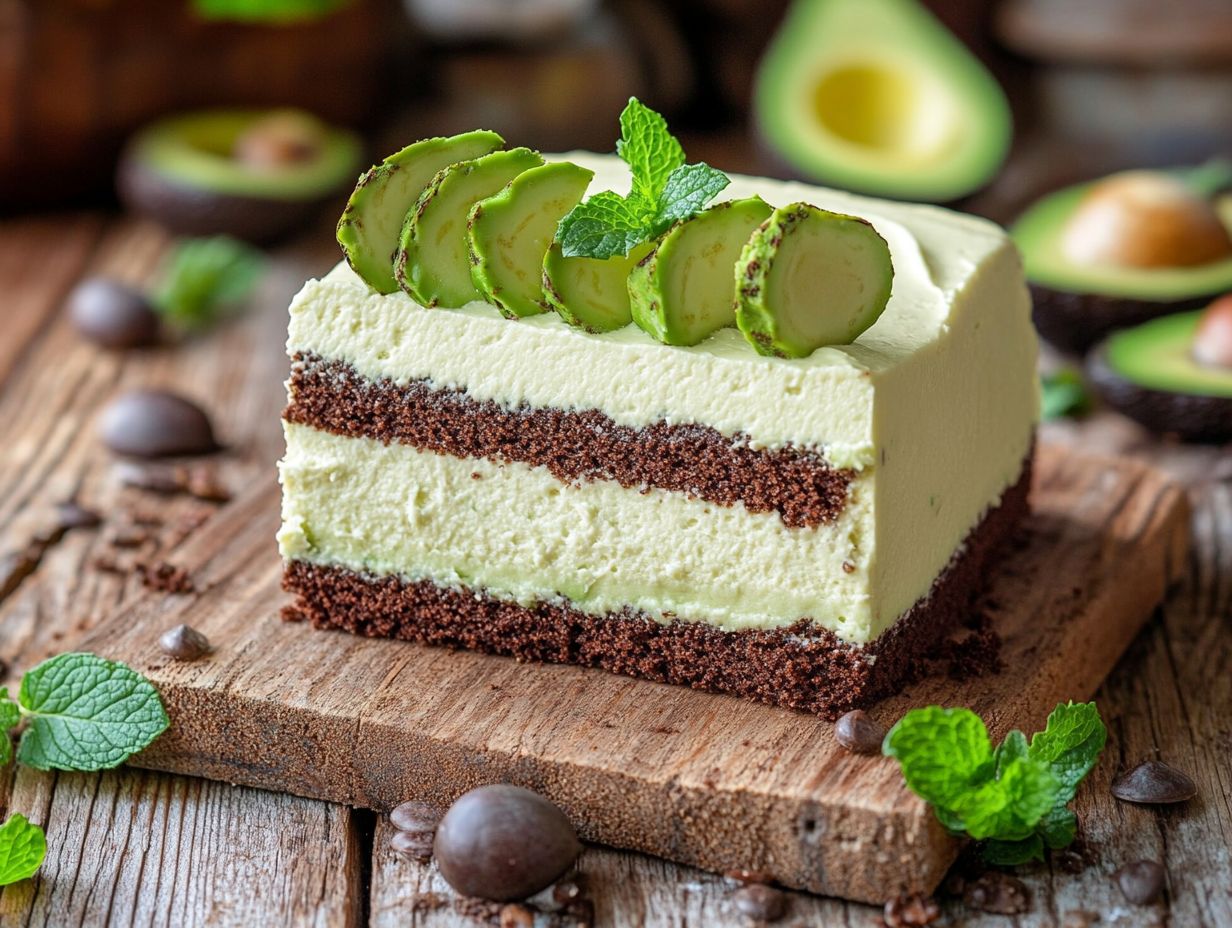 Delicious vegan cake made with avocado, showcasing a creamy texture.