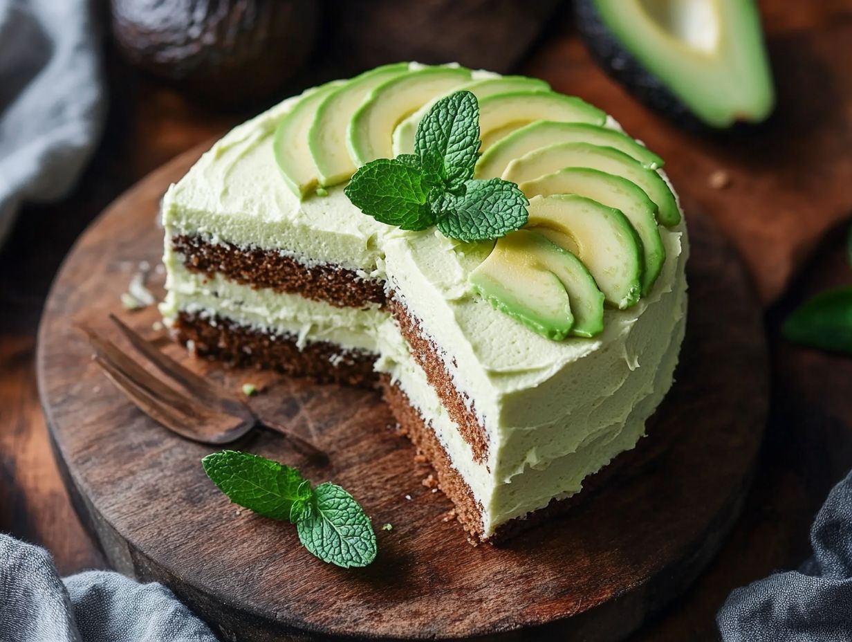 Infographic showing the benefits of using avocado in vegan cakes, such as texture and nutrition.