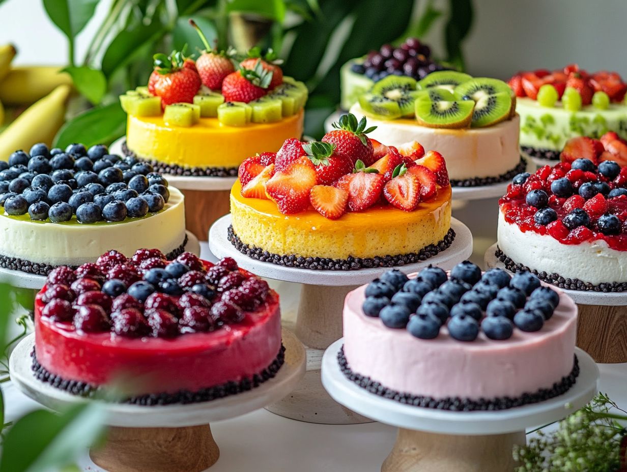 A variety of vegan cakes with seasonal fruits.