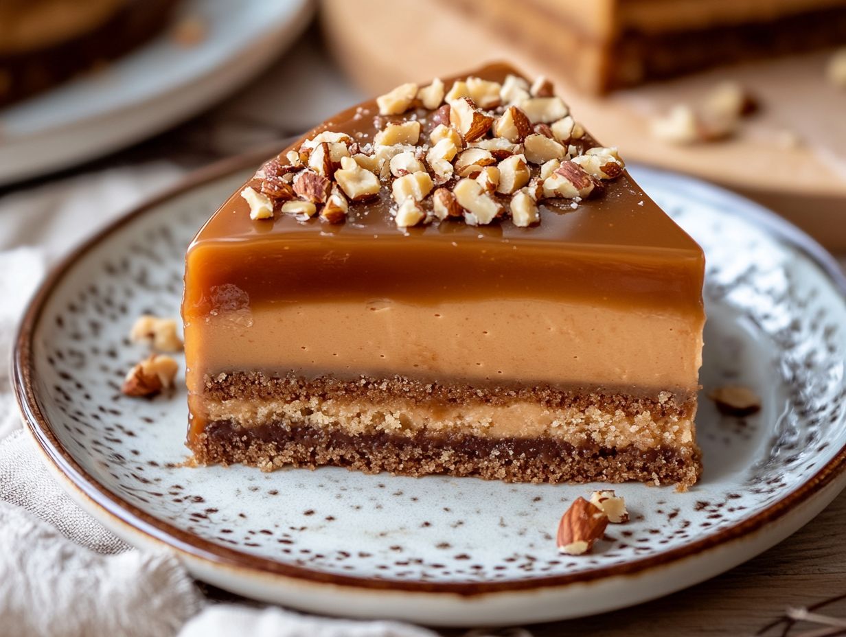 Vegan caramel cake served warm with extra caramel sauce