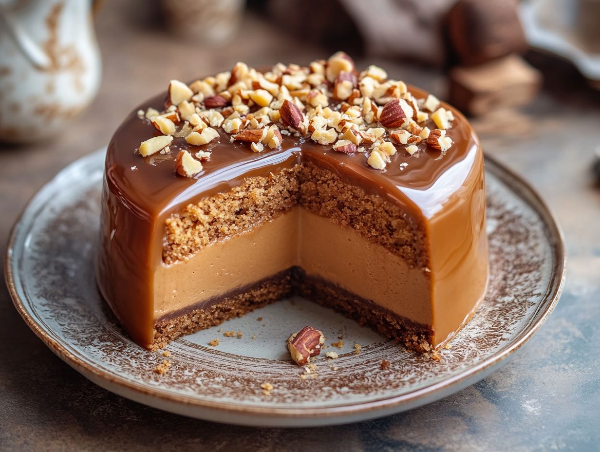 A delicious slice of vegan caramel cake, dairy-free and lactose-free