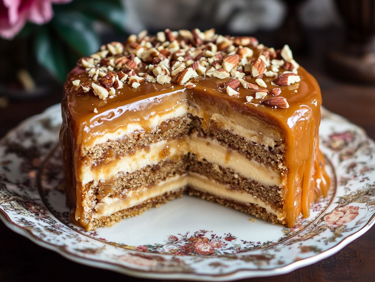 A beautifully decorated vegan caramel cake