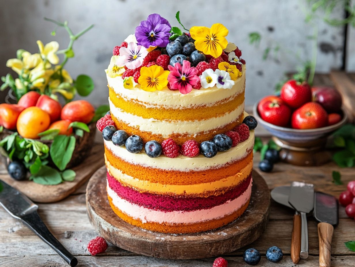 Delicious vegan layer cake with colorful toppings