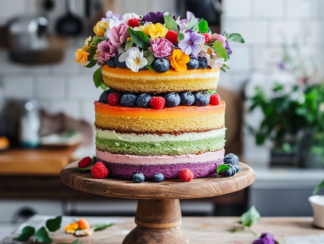 Vibrant vegan cake decorated with natural food coloring