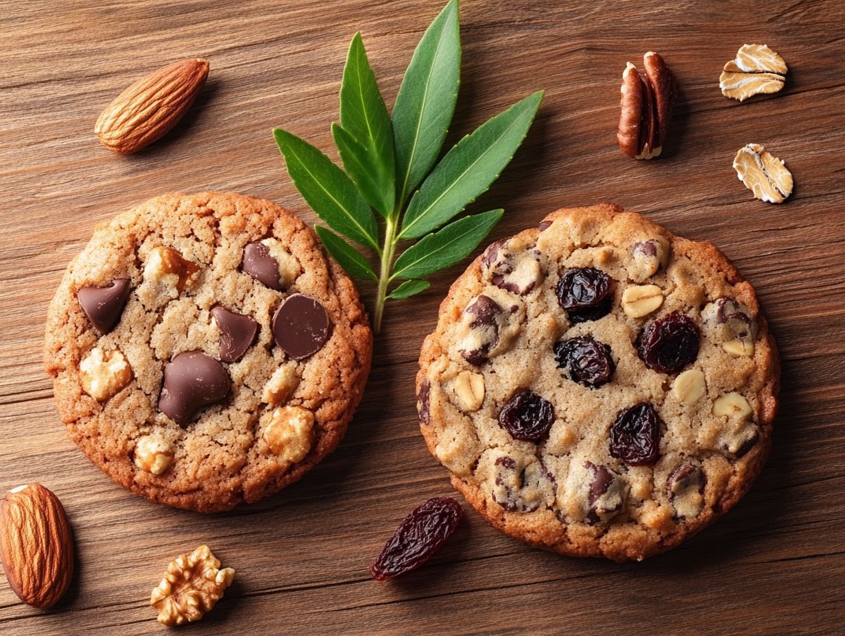 A display of various plant-based cookies showcasing their ingredients