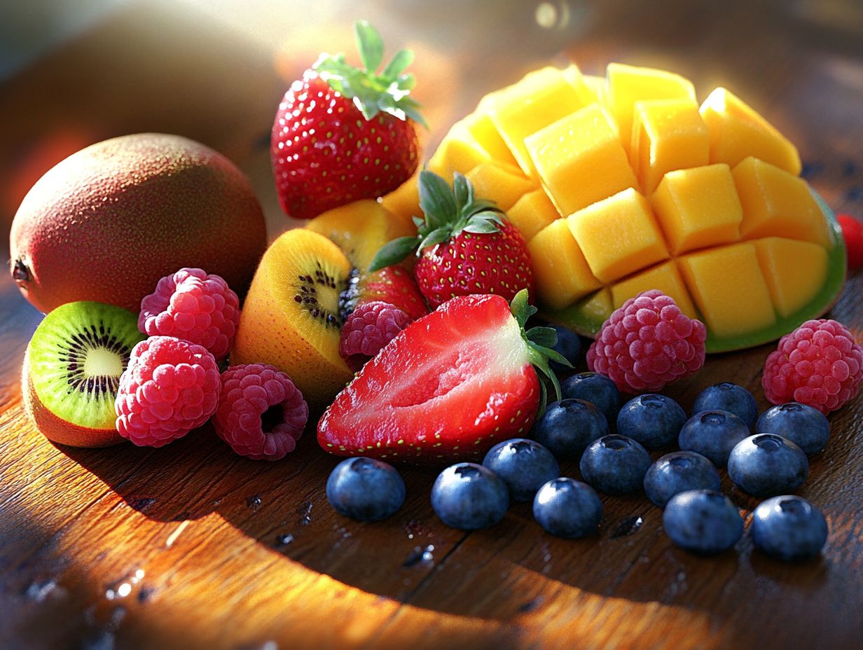 A colorful assortment of berries including strawberries, blueberries, and raspberries.